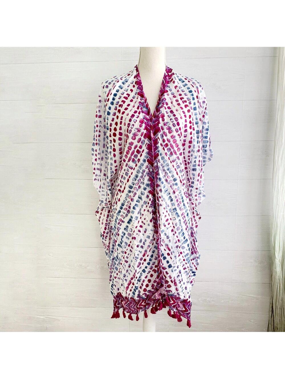 Nordstrom Blue Burgundy Tassel Ruana Wrap Viscose Boho One Size